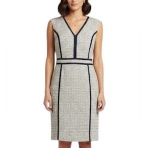 Tory Burch Navy Cream Tweed V-Neck Sheath Dress Silk Trim Size 2